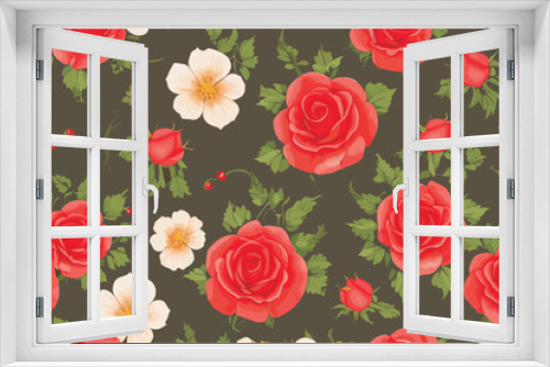 Fototapeta Naklejka Na Ścianę Okno 3D - Seamless vector floral pattern with pink roses and
rosehip flowers, green leaves on
a dark green background.