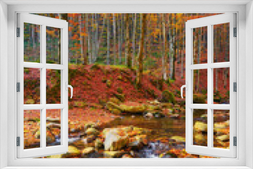 Fototapeta Naklejka Na Ścianę Okno 3D - calm mountain river in the forest. beautiful nature landscape in autumn. trees in fall colors on a sunny day