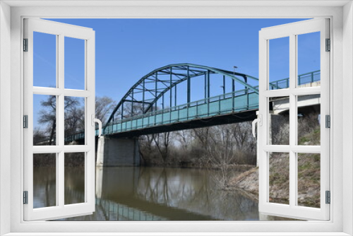 Fototapeta Naklejka Na Ścianę Okno 3D - Green metal bridge in Panchevo, Serbia, acrois river Tamis