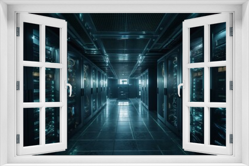 A blue-lit server room filled with server racks for cloud storage. Generative AI