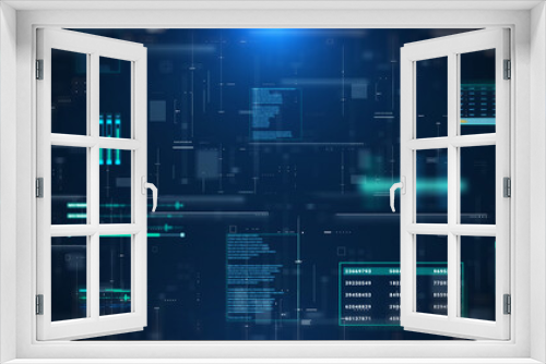 Futuristic user interface infographic with digital hologram information display. HUD system technology. Aerial landscape view illustration background.