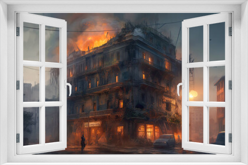 A fiery apocalypse in a ruined building. Generative AI