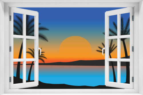 Fototapeta Naklejka Na Ścianę Okno 3D - summer Sunset beach vector background, Sunset scene landscape background, tropical beach landscape illustration, Sunset beach with palm trees vector background, gradient beach scenery background 