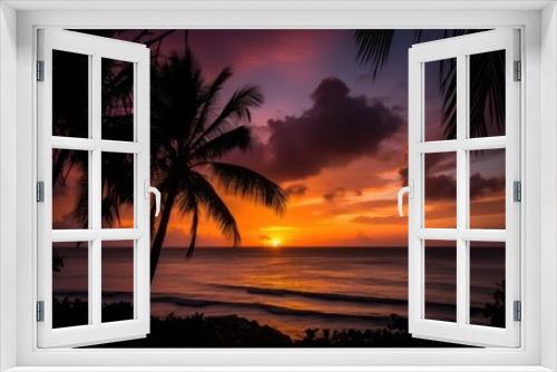 Fototapeta Naklejka Na Ścianę Okno 3D - Beach sunset with palm trees and sky Beautiful Natural Photograph Fresh Green Lifestyle