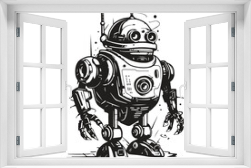 Fototapeta Naklejka Na Ścianę Okno 3D - sci fi robot, vintage logo line art concept black and white color, hand drawn illustration