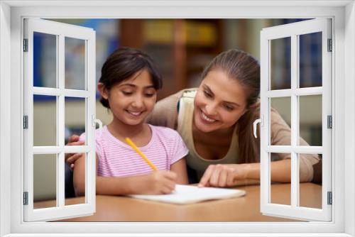 School, education or scholarship with a student and teacher in a classroom together for writing or child development. Study, learning and teaching with a woman educator helping a girl child in class