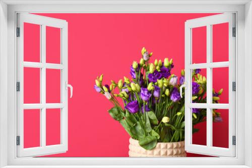 Fototapeta Naklejka Na Ścianę Okno 3D - Vase with eustoma flowers on red background