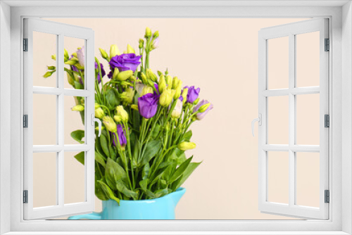 Fototapeta Naklejka Na Ścianę Okno 3D - Jug with eustoma flowers on white background