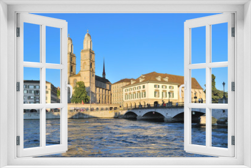 Fototapeta Naklejka Na Ścianę Okno 3D - Zurich. Grossmunster church and the Limmat River embankment