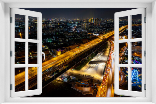 Fototapeta Naklejka Na Ścianę Okno 3D - Expressway top view, Road traffic an important infrastructure, Drone aerial view fly in circle, traffic transportation, Public transport or commuter city life concept of economic and energ, transport.
