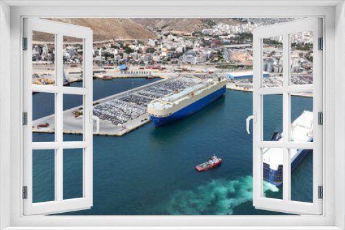 Fototapeta Naklejka Na Ścianę Okno 3D - Aerial drone photo of international car terminal and Ro Ro boat terminal in Drapetsona area, Piraeus, Attica, Greece