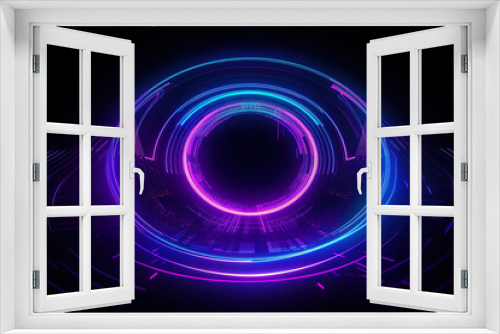 abstract background of a glowing colorful circle on a dark background, retro futuristic cyberpunk style, purple and blue, Generative AI