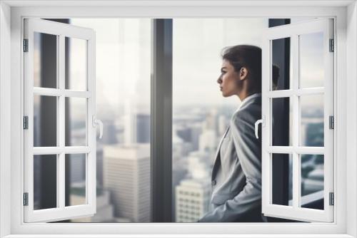 A professional business woman looking through a window