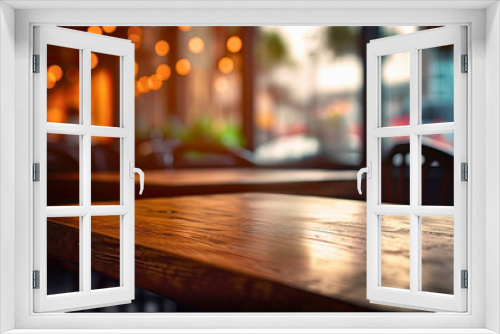 Empty wooden table in front of blurred cafe background. For product display