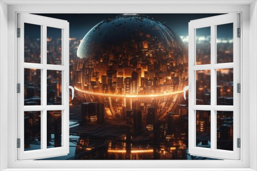 Futuristic city with glowing sphere. 3d rendering toned image, generative Ai