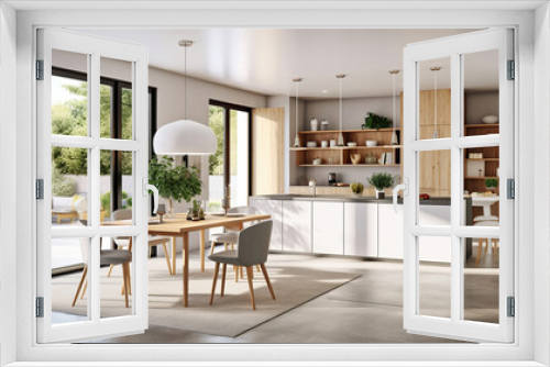 Light living room interior with dining table and glass doors into cooking area. Shelves with kitchenware, grey concrete floor. Generative Ai