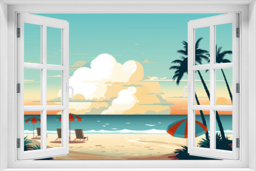 Fototapeta Naklejka Na Ścianę Okno 3D - Beautiful landscape of the beach. Sun loungers on the beach. Scenery. Beautiful seascape. Hotel beach. Banner. Sea holiday. Vector illustration