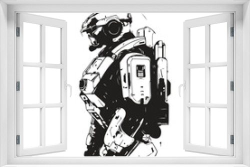 Fototapeta Naklejka Na Ścianę Okno 3D - science fiction military robot warrior, vintage logo line art concept black and white color, hand drawn illustration