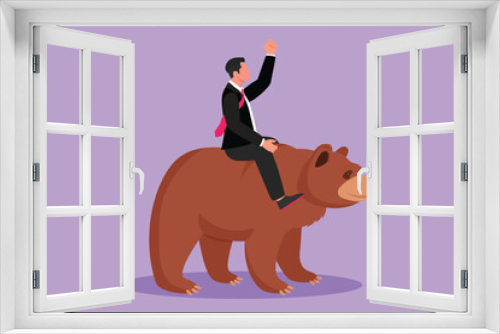 Fototapeta Naklejka Na Ścianę Okno 3D - Character flat drawing of young businessman rides on bear in stock market trading. stock market analysis, business and investment, stock exchange. Business metaphor. Cartoon design vector illustration