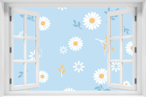 Fototapeta Naklejka Na Ścianę Okno 3D - Seamless pattern with daisy flower with branches on blue background vector.