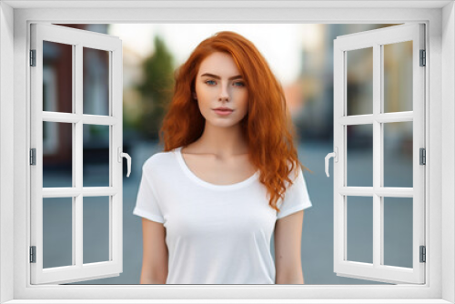 Portrait of a young woman with rich red color hair in the city. High quality photo Generative AI