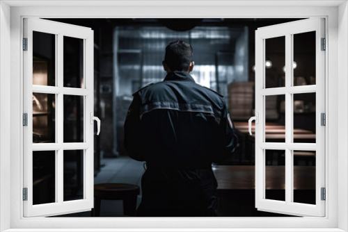 Security Guard In Black Standing With His Back To Defocused Restaurant Kitchen. Generative AI