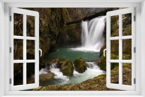 Fototapeta Naklejka Na Ścianę Okno 3D - Waterfall with mossy rocks in mountain canyon, Svrakava waterfall near Banja Luka