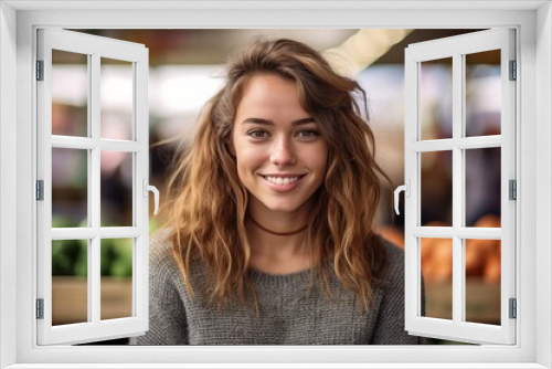 Close-up portrait photography of a satisfied girl in her 30s wearing soft sweatpants against a vibrant farmer's market background. With generative AI technology