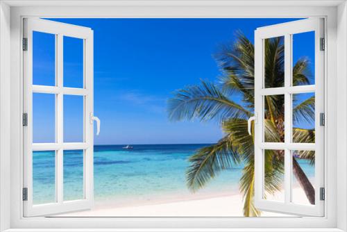 Fototapeta Naklejka Na Ścianę Okno 3D - Banner view of summer tropical on the sandy beach and turquoise Tropical beach with blue sky background