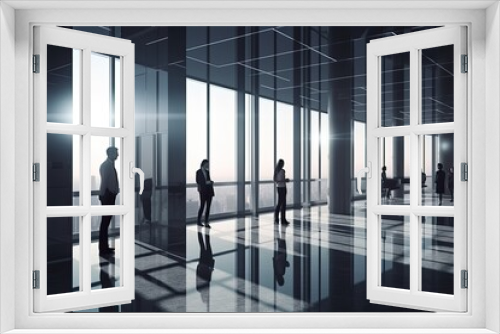 Silhouettes of business people standing in modern office lobby with panoramic windows and city view