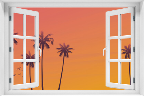Fototapeta Naklejka Na Ścianę Okno 3D - Palm tree silhouette with sunset sky background vector illustration. Summer traveling and party at the beach concept flat design with blank space.