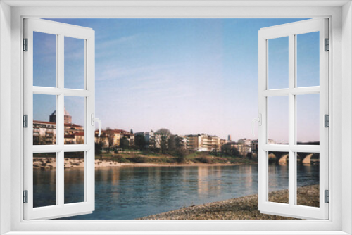 Fototapeta Naklejka Na Ścianę Okno 3D - Pavia Cityscape View from Ticino River. Pavia, Italy. Film Photography