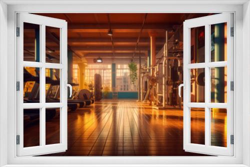 Stylish gym background, gym with exercise equipment without people, sunrise or sunset in the gym ai generative