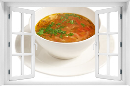 Fototapeta Naklejka Na Ścianę Okno 3D - bowl of chicken broth soup with vegetables and rice isolated on white background