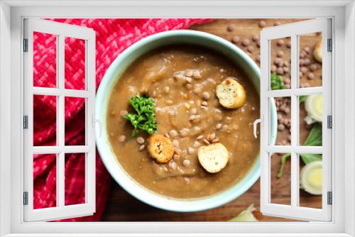 Fototapeta Naklejka Na Ścianę Okno 3D - Lentil soup with croutons. Winter food 