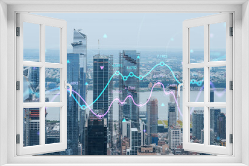 Aerial panoramic city view of West Side Manhattan and Hudson Yards district at day time, NYC, USA. Forex candlestick graph hologram. The concept of internet trading, brokerage, analysis
