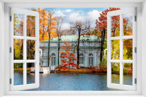 Fototapeta Naklejka Na Ścianę Okno 3D - Concert Hall on the island of grand pond in autumn in Catherine park, Pushkin, Saint Petersburg, Russia
