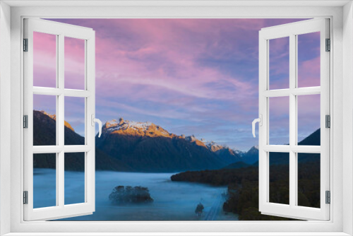 Fototapeta Naklejka Na Ścianę Okno 3D - The Road trip view of  travel with mountain view of autumn scene and  foggy in the morning with sunrise sky scene at fiordland national park