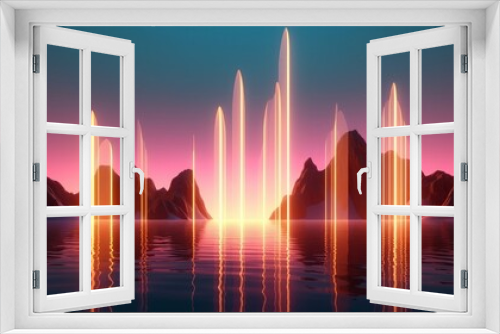 3d rendering. Abstract wallpaper with sunset or sunrise and vertical neon glowing lines. Mystic landscape with rocks and reflection in water, Generative AI