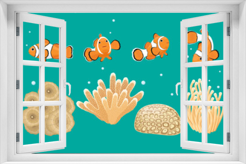 Fototapeta Naklejka Na Ścianę Okno 3D - Sea anemones, Clown fish and corals. Marine life vector illustration.