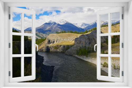 Fototapeta Naklejka Na Ścianę Okno 3D - The river runs among the mountains in summer top view