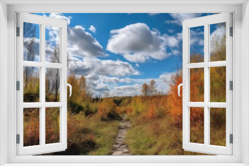 autumn forest hike with view of clear blue sky and a few fluffy clouds, created with generative ai