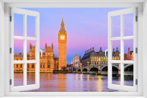 Fototapeta Naklejka Na Ścianę Okno 3D - London, United Kingdom. The Palace of Westminster, Big Ben, and Westminster Bridge at sunrise.