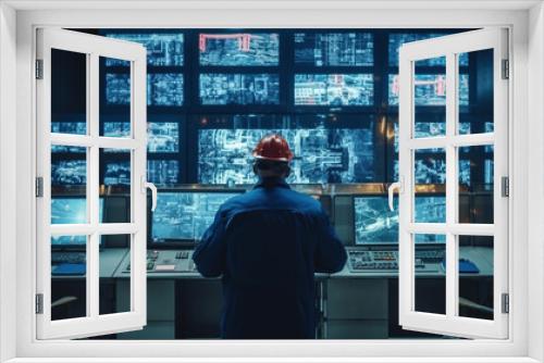 engineer woman in safety helmet and uniforms on Big Screen monitor computer working control machine in factory, Generative AI