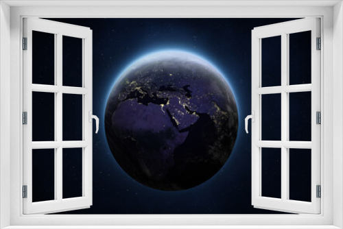Fototapeta Naklejka Na Ścianę Okno 3D - Planet Earth at night. Europe, Africa and Asia at night viewed from space with city lights. Human activity in Germany, France, Spain and other countries. Elements of this image furnished by NASA.