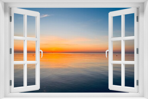 Fototapeta Naklejka Na Ścianę Okno 3D - Orange sea sunset, orange sea horizon, clear blue sea, evening romantic sea coastline, no people