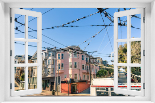 Fototapeta Naklejka Na Ścianę Okno 3D - San Francisco victorian style and wire electrical net for Cable