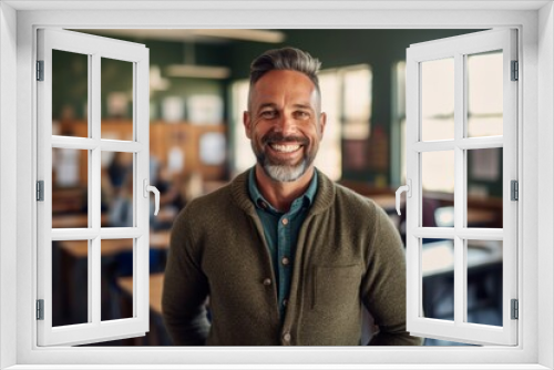 Portrait of smiling mature man standing in classroom at college during lecture