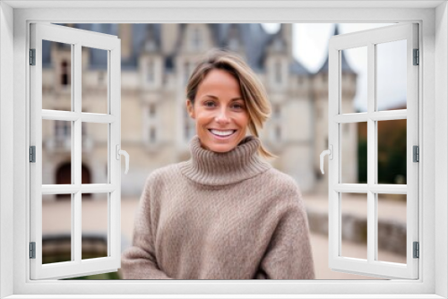 Portrait of a smiling young woman standing in front of a castle