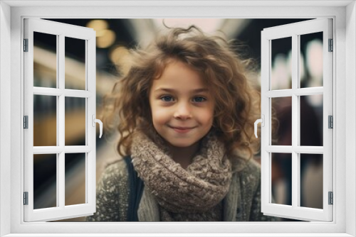 Portrait of a cute little girl with curly hair in a gray sweater and scarf on the platform of a railway station